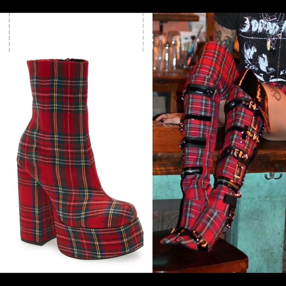 NWT Jeffery Campbell Platform Boots in Red Tartan - Picture 1 of 11